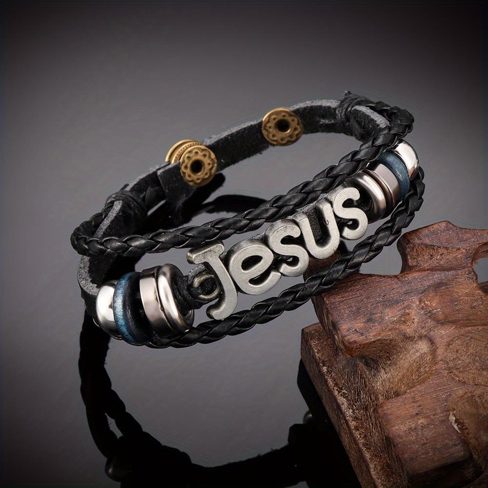 Christianartworkshop Zweifarbiges Jesus-Charm-Armband aus schwarzem geflochtenem Leder - Silber - image 3