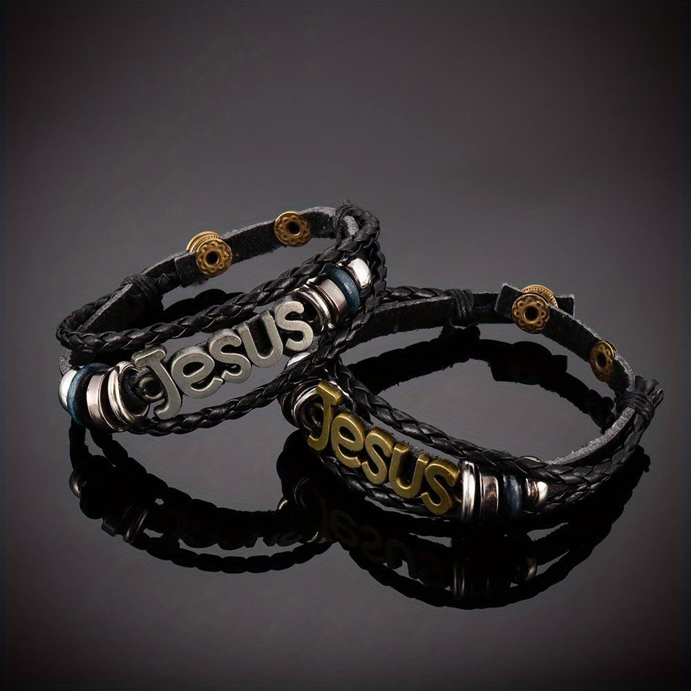 Christianartworkshop Zweifarbiges Jesus-Charm-Armband auf schwarzem geflochtenem Leder - image 7