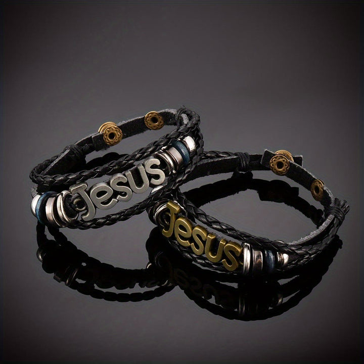Christianartworkshop Zweifarbiges Jesus-Charm-Armband auf schwarzem geflochtenem Leder - image 7
