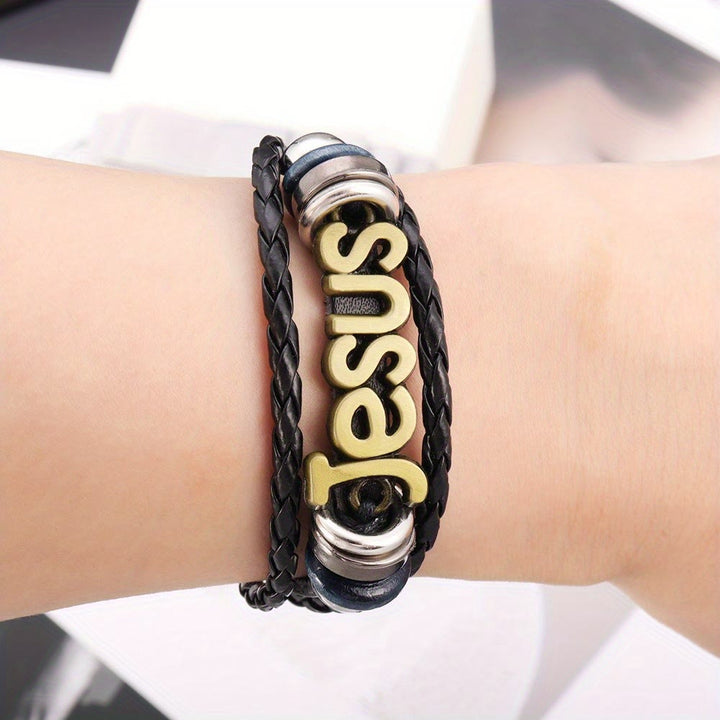 Christianartworkshop Zweifarbiges Jesus-Charm-Armband aus schwarzem geflochtenem Leder - image 2