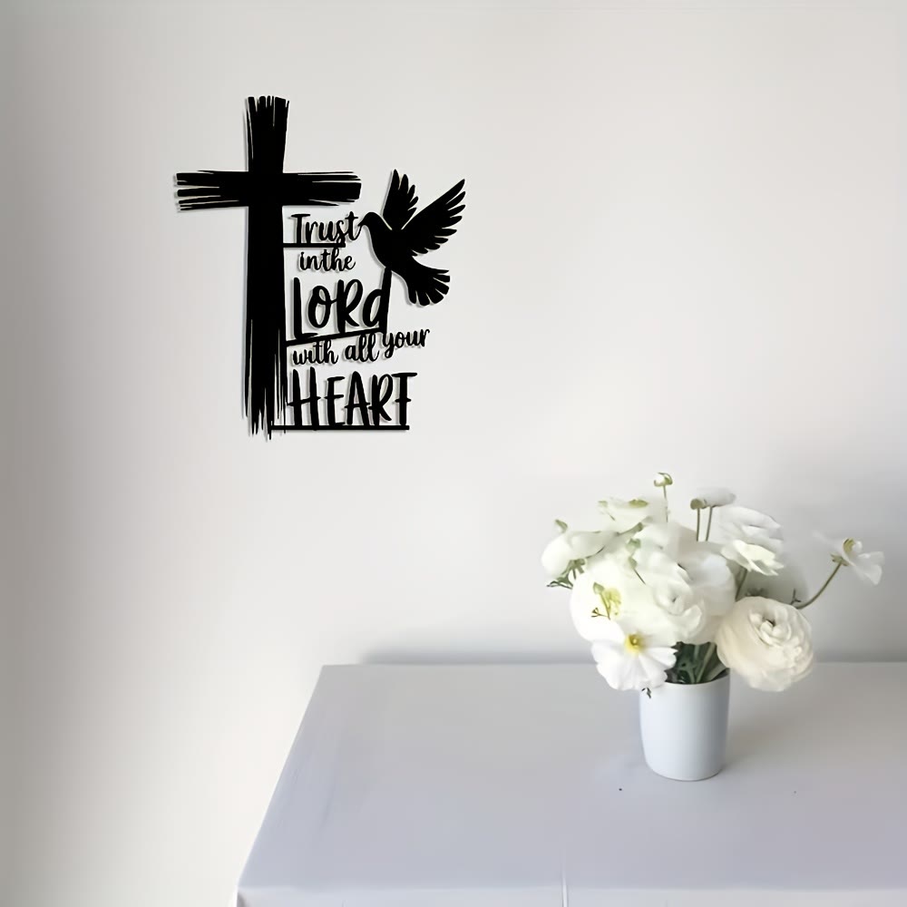 Christianartworkshop Wanddekoration mit Kreuz und Taube aus schwarzem Metall mit der Schrift „Trust in the Lord“ - image 2