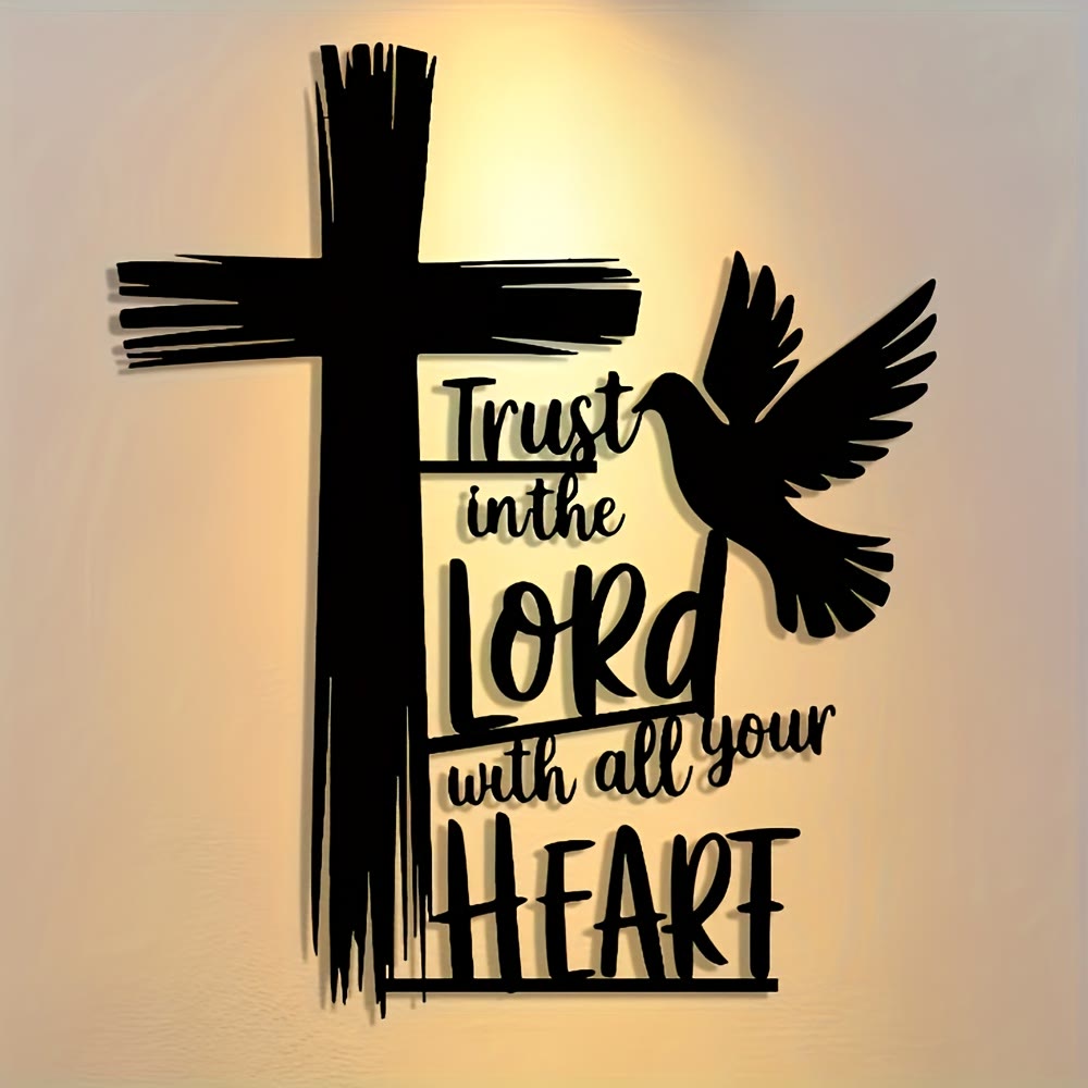 Christianartworkshop Wanddekoration mit Kreuz und Taube aus schwarzem Metall mit der Schrift „Trust in the Lord“ - image 1