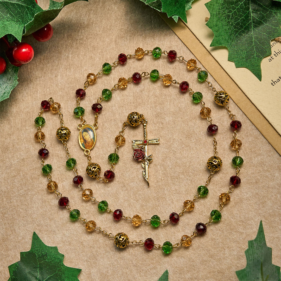 Christianartworkshop Weihnachtsrosenkranz im Vintage-Stil, rot-grün, facettierte Perlen, mit Unserer Lieben Frau und Rosenkruzifix - Weihnachtsrosenkranz - image 0