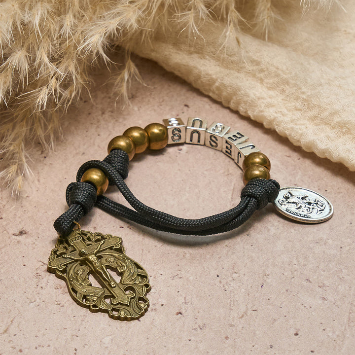 Christianartworkshop Minimalistischer schwarzer robuster Taschenrosenkranz mit St. Michael und personalisiertem JESUS-Brief - image 1