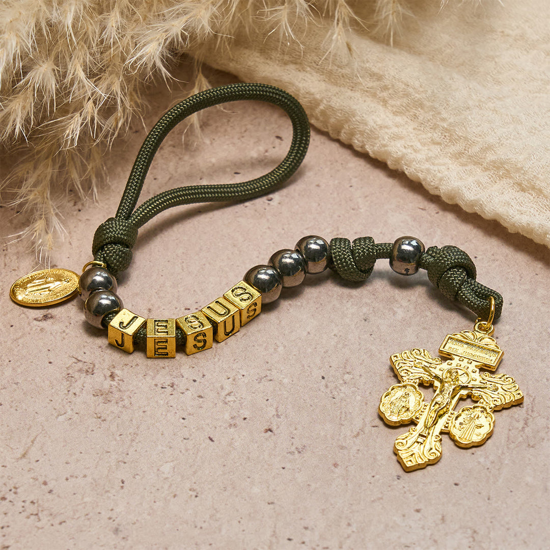 Christianartworkshop Hämatit-Perlen, kompakter Gebetstaschen-Rosenkranz mit Kruzifix und personalisiertem JESUS-Brief - JESUS (Kein Brauch) - image 0