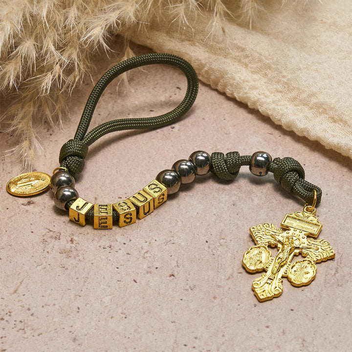 Christianartworkshop Hämatit-Perlen, kompakter Gebetstaschen-Rosenkranz mit Kruzifix und personalisiertem JESUS-Brief - JESUS (Kein Brauch) - image 0