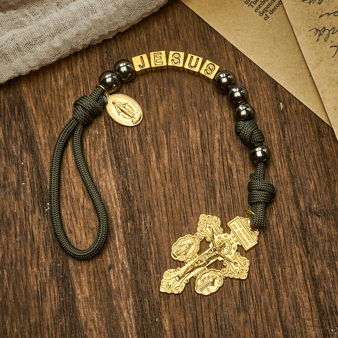Christianartworkshop Hämatit-Perlen, kompakter Gebetstaschen-Rosenkranz mit Kruzifix und personalisiertem JESUS-Brief - image 5