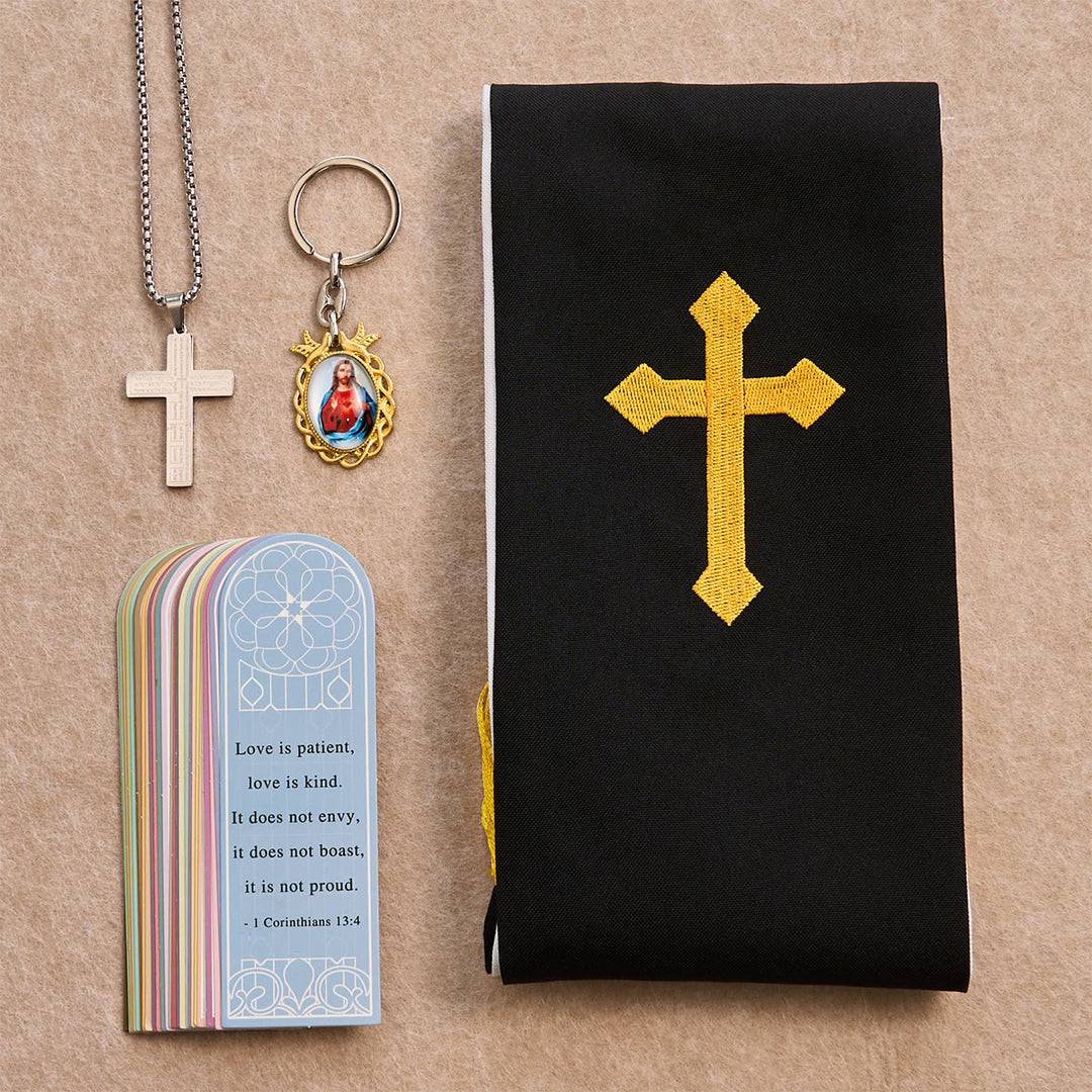 Christianartworkshop Schwarzes goldenes Kreuz-Segensset mit Madonna und Schriftkreuz: Lebe im Glauben - Silberkette - image 4