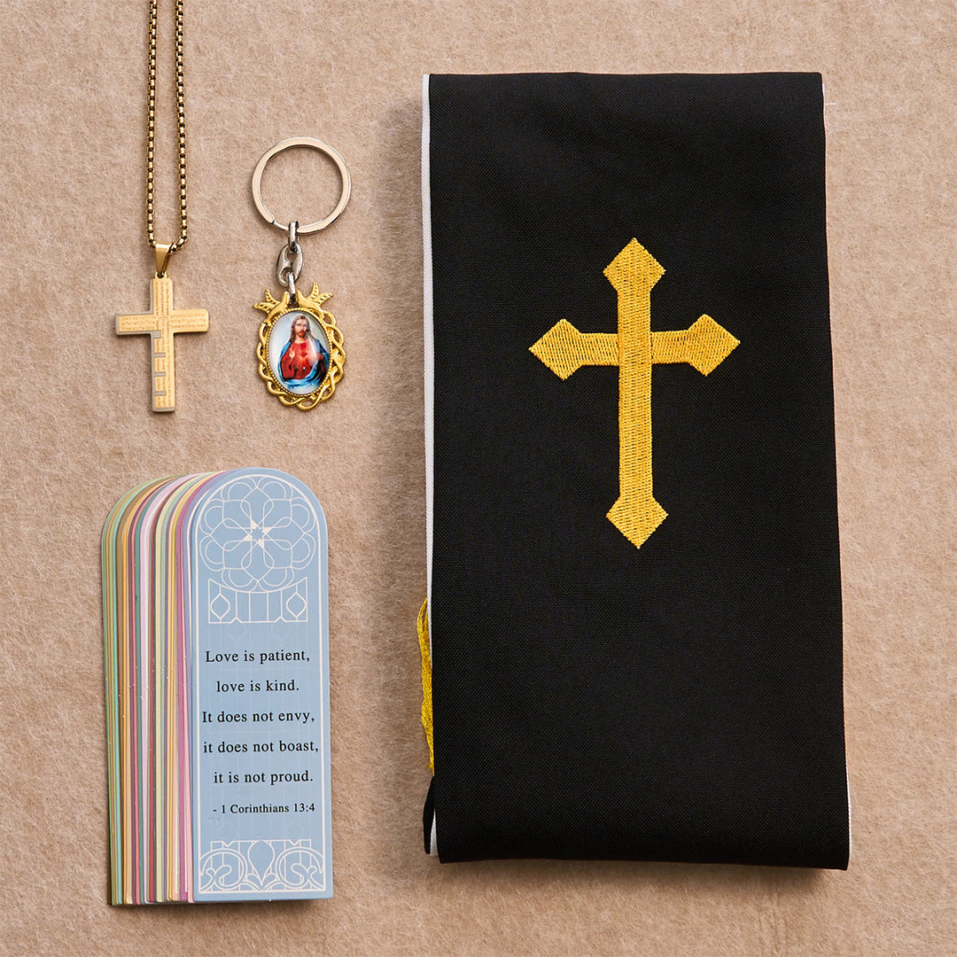 Christianartworkshop Schwarzes goldenes Kreuz-Segensset mit Madonna und Schriftkreuz: Lebe im Glauben - Goldene Halskette - image 3