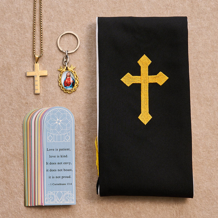 Christianartworkshop Schwarzes goldenes Kreuz-Segensset mit Madonna und Schriftkreuz: Lebe im Glauben - Goldene Halskette - image 3