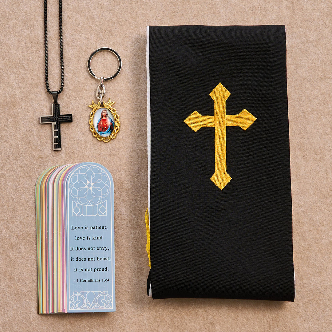 Christianartworkshop Schwarzes goldenes Kreuz-Segensset mit Madonna und Schriftkreuz: Lebe im Glauben - Schwarze Halskette - image 0