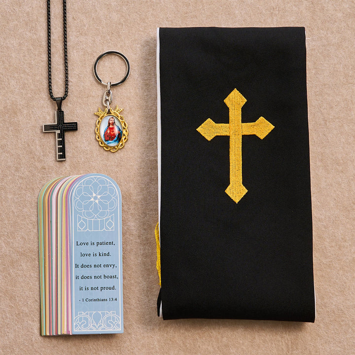 Christianartworkshop Schwarzes goldenes Kreuz-Segensset mit Madonna und Schriftkreuz: Lebe im Glauben - Schwarze Halskette - image 0