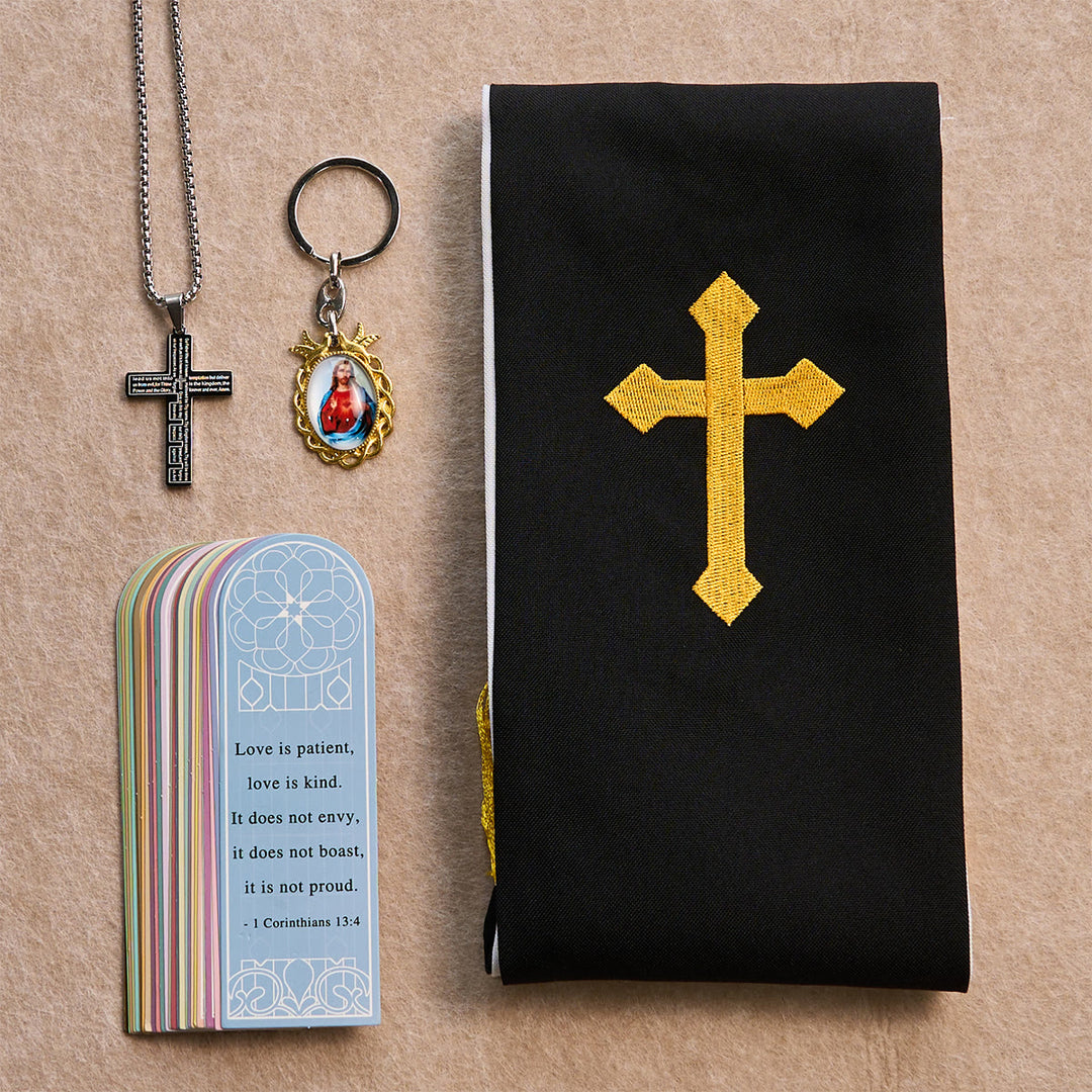 Christianartworkshop Schwarzes goldenes Kreuz-Segensset mit Madonna und Schriftkreuz: Lebe im Glauben - image 1
