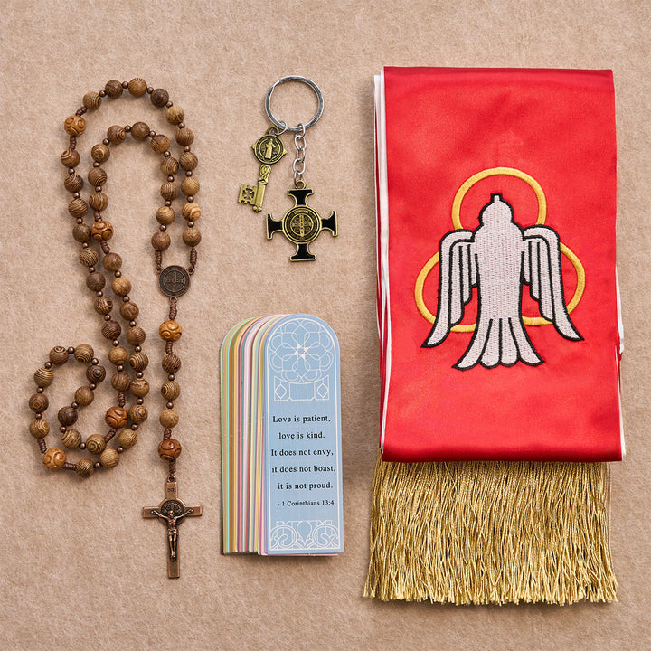 Christianartworkshop Heiliger Geist Taube Rote Stola Segensset mit Holzrosenkranz, Schlüsselanhänger und Lesezeichen - Wundertätige Medaille & Kruzifix-Rosenkranz - image 0