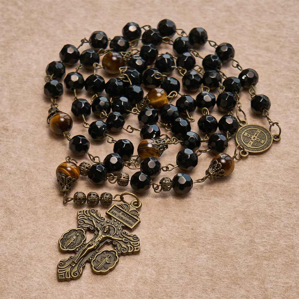 Christianartworkshop Segensset: Schwarze goldene Kreuzstola & schwarzer Perlenrosenkranz: Geduldig lieben - image 1