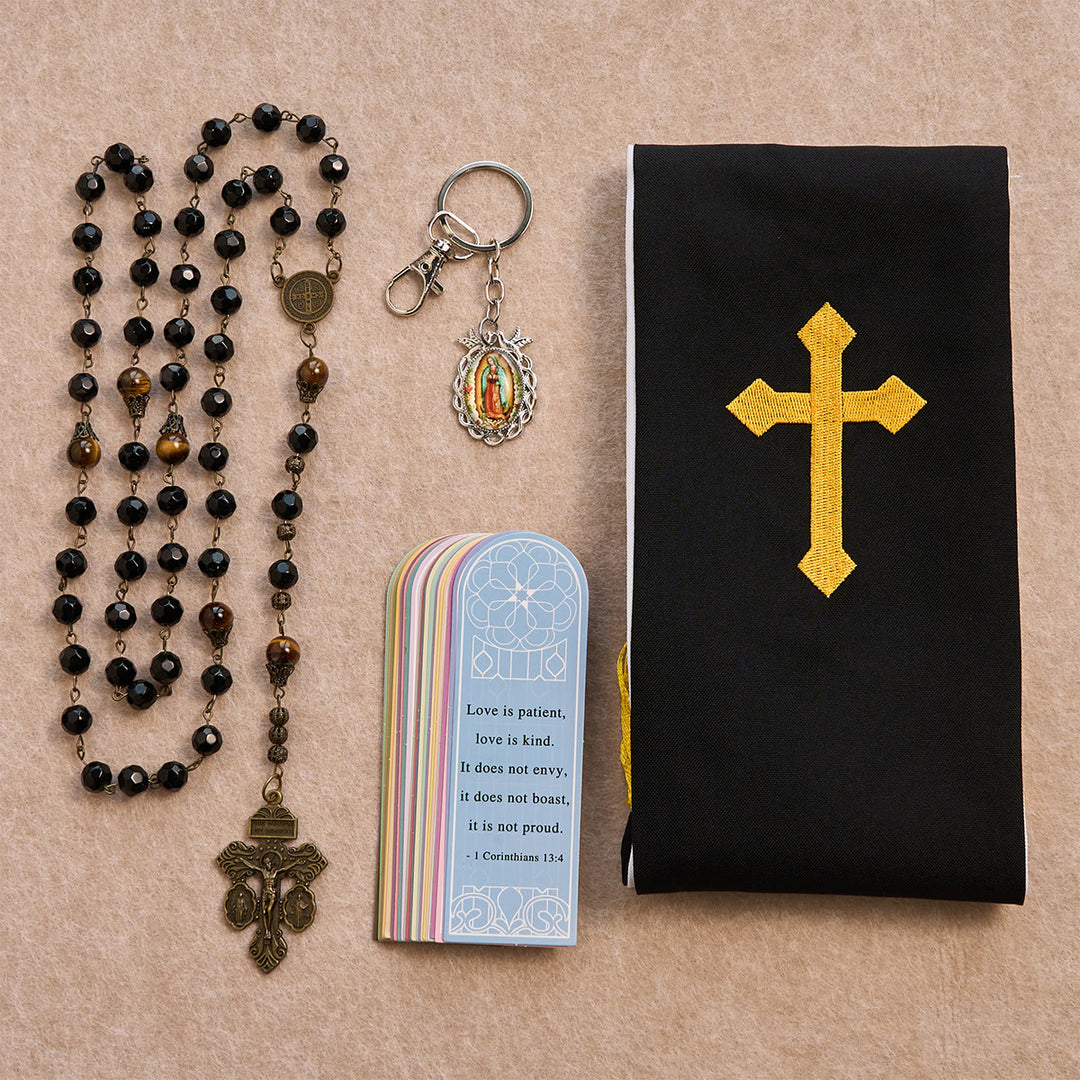 Christianartworkshop Segensset: Schwarze goldene Kreuzstola & schwarzer Perlenrosenkranz: Geduldig lieben - Rosenkranz mit schwarzen Perlen - image 0