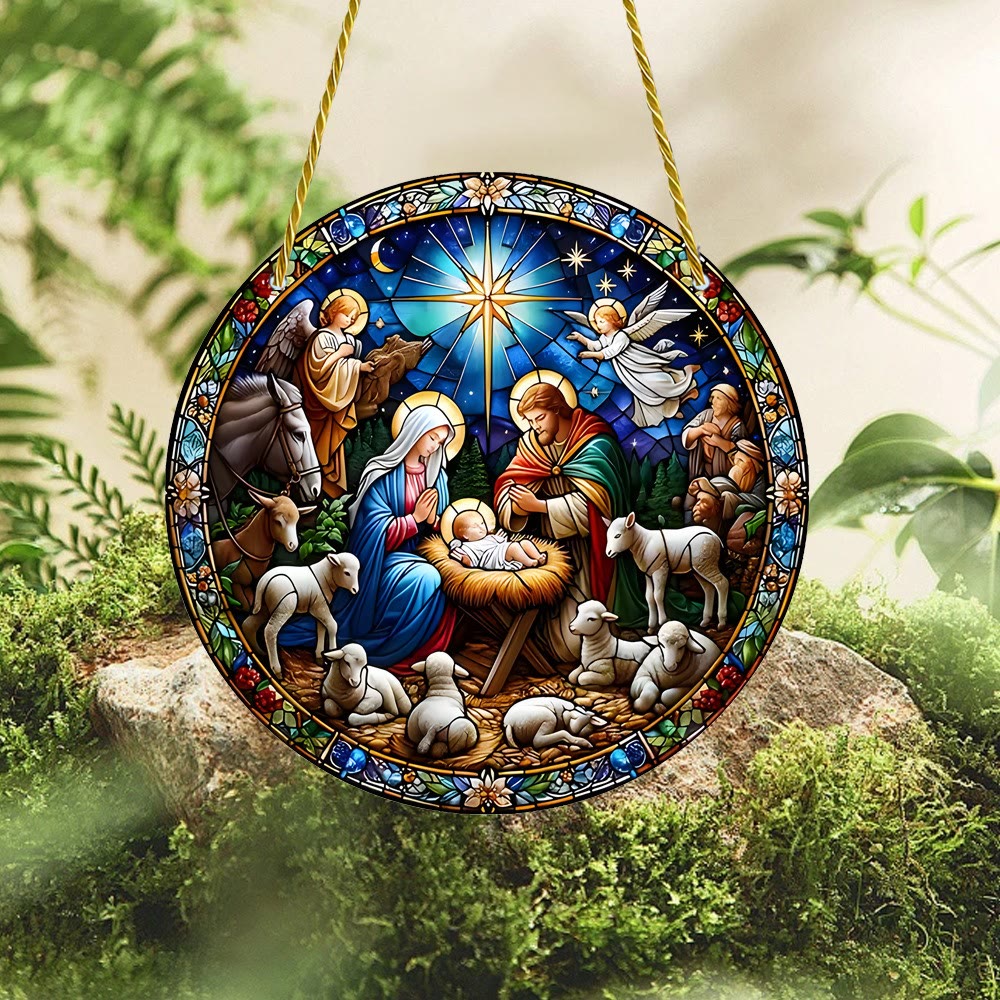 Christliche Kunstwerkstatt Kathedralenstil Saphirnacht Krippenszene Hängende Ornamente - 5,9 Zoll/15 cm - image 0