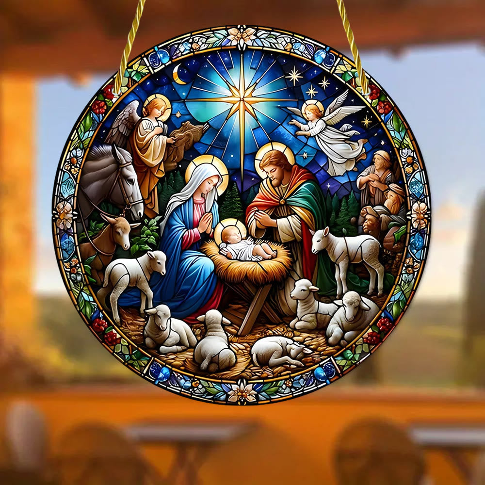 Christliche Kunstwerkstatt Kathedralenstil Saphirnacht Krippenszene Hängende Ornamente - image 1