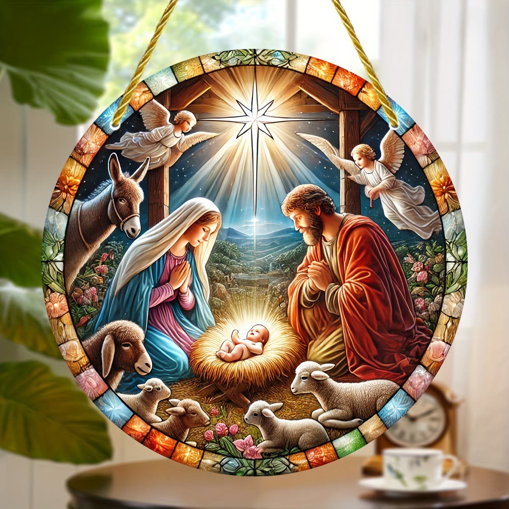 Christliche Kunstwerkstatt: Krippenszenen im Buntglasstil & Strahlende Christus-Hängeornamente - B - 5,9 Zoll/15 cm - image 2