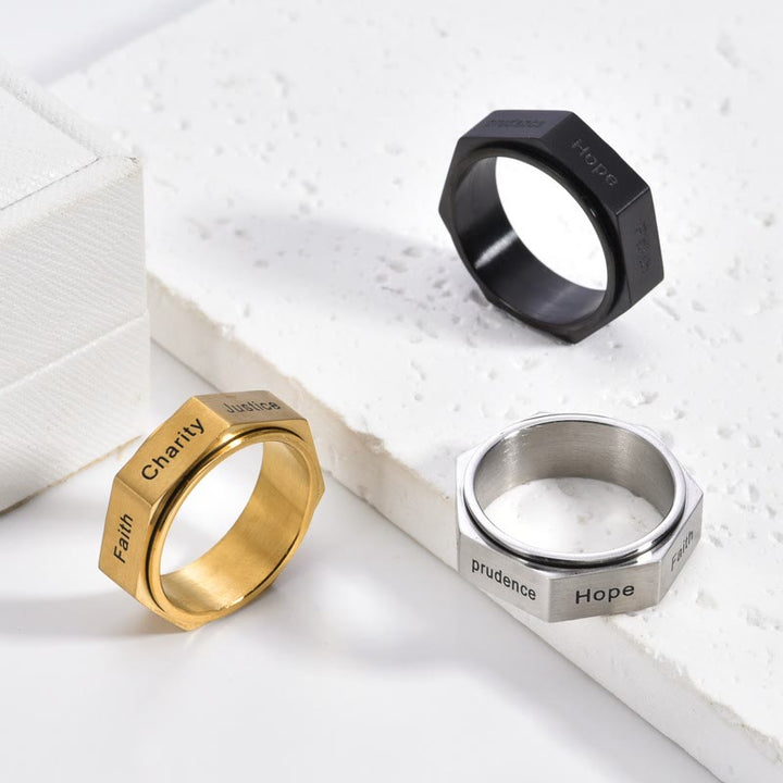 Christianartworkshop Minimalistischer Achteckring „Sieben Tugenden“ in Gold, Silber und Schwarz - image 2