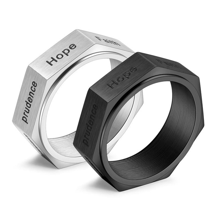 Christianartworkshop Minimalistischer Achteckring „Sieben Tugenden“ in Gold, Silber und Schwarz - image 6