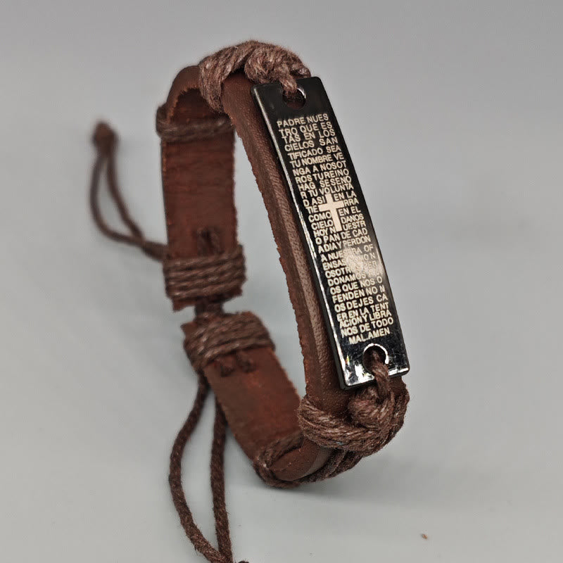 Christianartworkshop Rustikales, verstellbares Armband im Lederstil mit Kreuz und Vaterunser in 2 Farben - Braun - image 0
