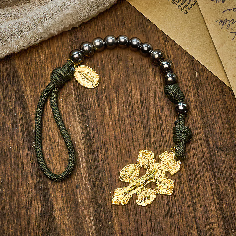 Christianartworkshop Hämatit-Perlen, kompakter Gebetstaschen-Rosenkranz mit Kruzifix und personalisiertem JESUS-Brief - No Letter - image 6