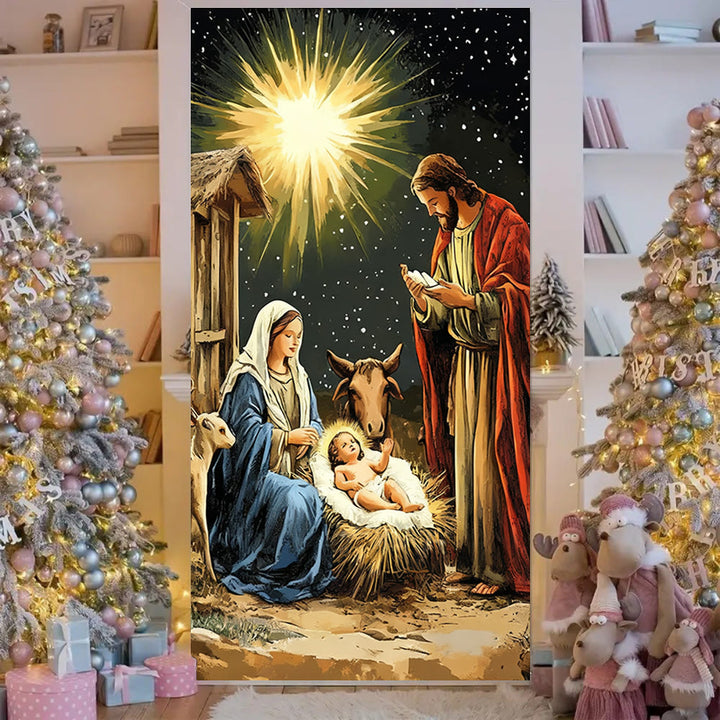 Christianartworkshop Sternenbeleuchteter Krippen-Türvorhang: Weihnachtlicher Glanz und festliche Ausstrahlung - 36''*80''/91cm*203cm - image 0