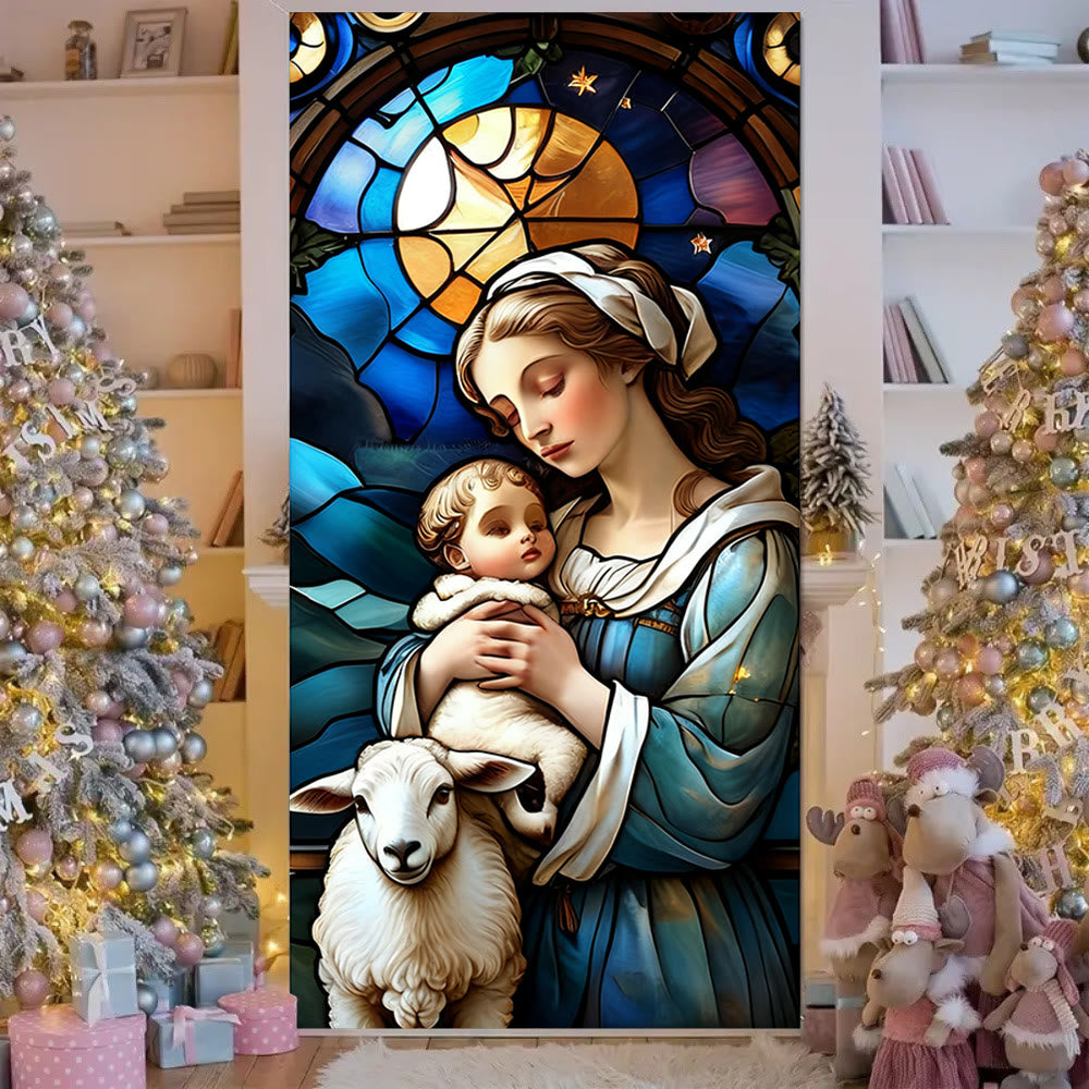 Christianartworkshop Türvorhang „Madonna und Lamm“ in Buntglasoptik: Spiritueller Trost & Wohnaccessoires - image 4