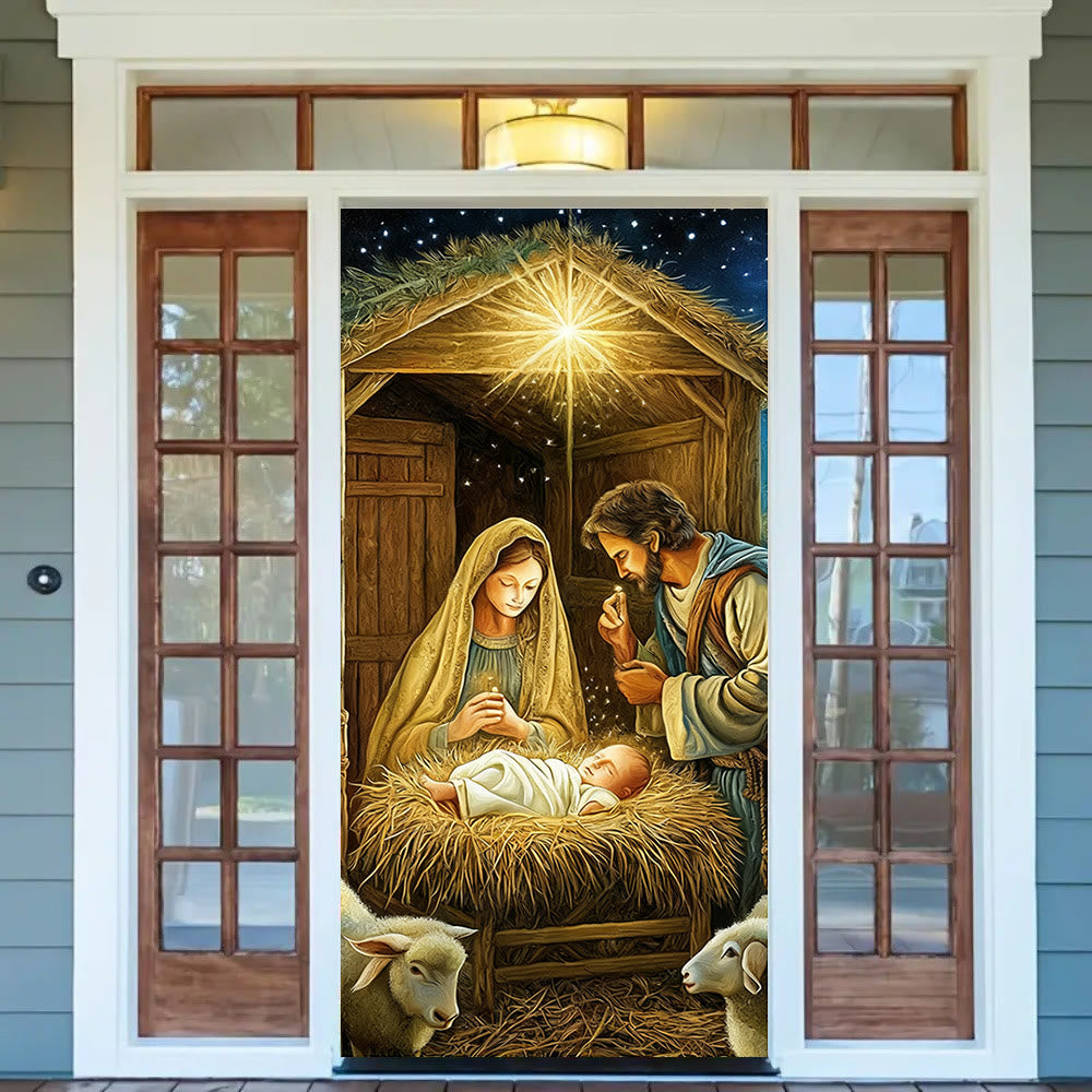 Christianartworkshop Realistischer Türvorhang mit Krippenmotiv: Weihnachtliche Szene & Andachtsvolle Atmosphäre - image 1
