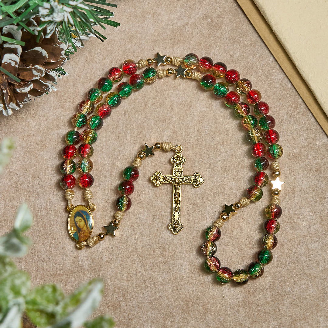 Weihnachtsrosenkranz aus Glasperlen von Christianartworkshop: Medaille Unserer Lieben Frau von Guadalupe & Goldenes Kruzifix - image 4