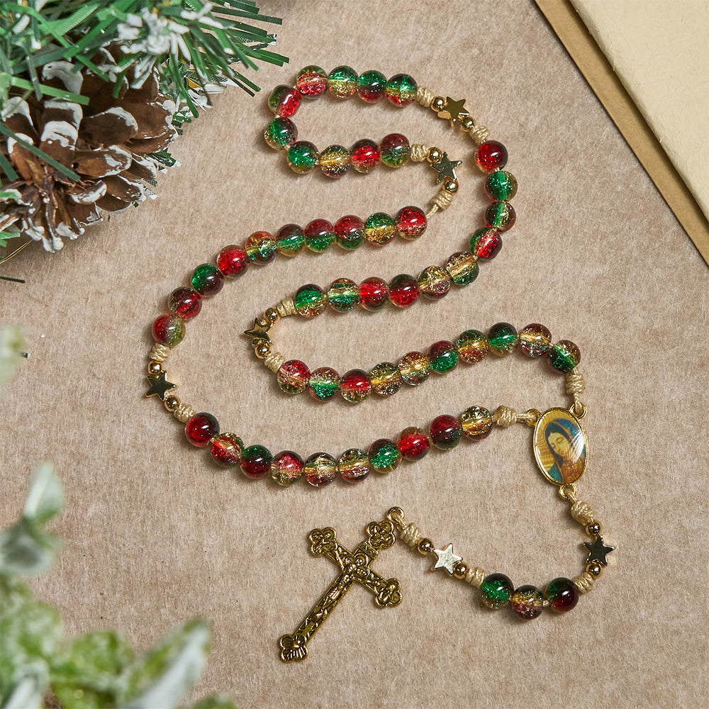 Weihnachtsrosenkranz aus Glasperlen von Christianartworkshop: Medaille Unserer Lieben Frau von Guadalupe & Goldenes Kruzifix - image 1