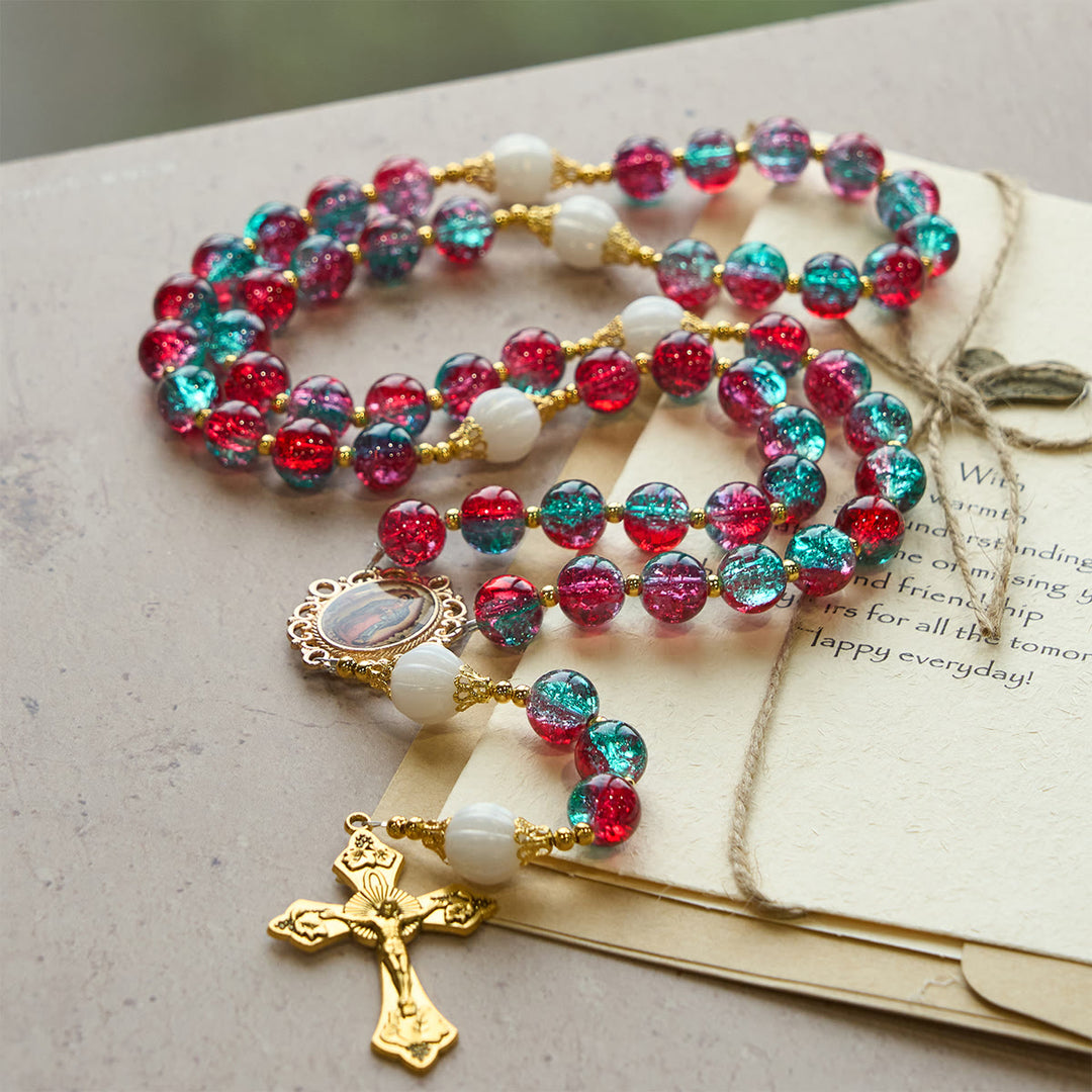 Weihnachtsgeschenk von Christianartworkshop: Rot-blauer Rosenkranz aus Glasperlen: Marienmedaille & verziertes Kreuz - image 6