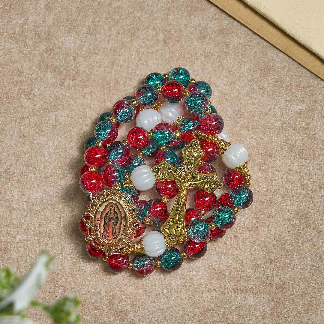 Christliche Kunstwerkstatt: Weihnachtlicher Rosenkranz aus roten und blauen Glasperlen: Marienmedaille & verziertes Kreuz - image 9