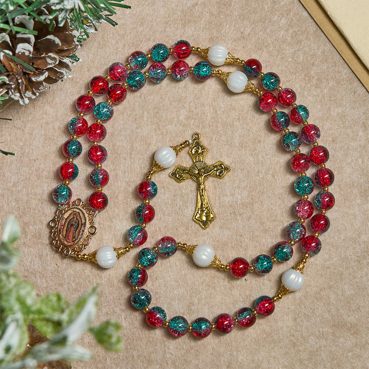 Christliche Kunstwerkstatt: Weihnachtlicher Rosenkranz aus roten und blauen Glasperlen: Marienmedaille & verziertes Kreuz - image 6