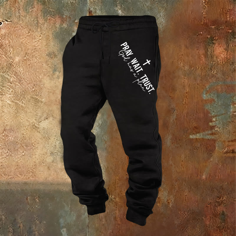 Christianartworkshop Pray Wait Trust Statement Sweatpants: Side-Hip Faith Mantra - Schwarz - 2XL - image 0