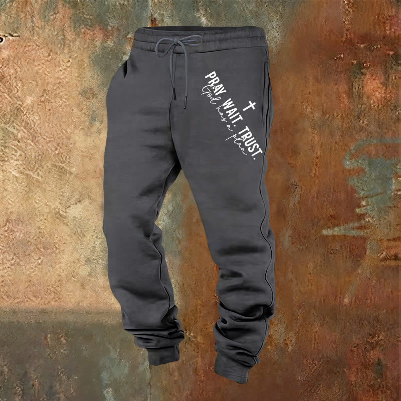 Christianartworkshop Pray Wait Trust Statement Sweatpants: Side-Hip Faith Mantra - Warmgrau - 2XL - image 13