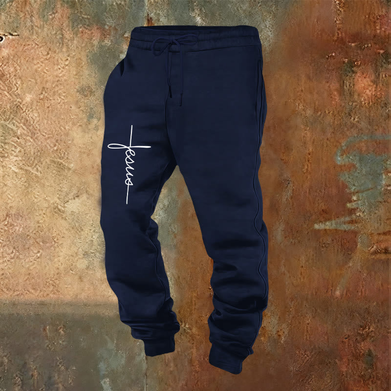 Christianartworkshop Minimalistische Jogginghose mit Jesus-Kreuz-Schriftzug: Jeder Schritt mit Jesus - Marineblau - 2XL - image 9