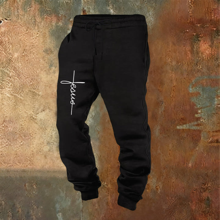 Christianartworkshop Minimalistische Jogginghose mit Jesus-Kreuz-Schriftzug: Jeder Schritt mit Jesus - Schwarz - 2XL - image 4