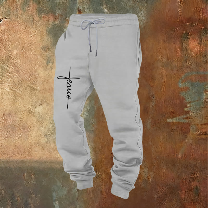 Christianartworkshop Minimalistische Jogginghose mit Jesus-Kreuz-Schriftzug: Jeder Schritt mit Jesus - Hellgrau - 2XL - image 13