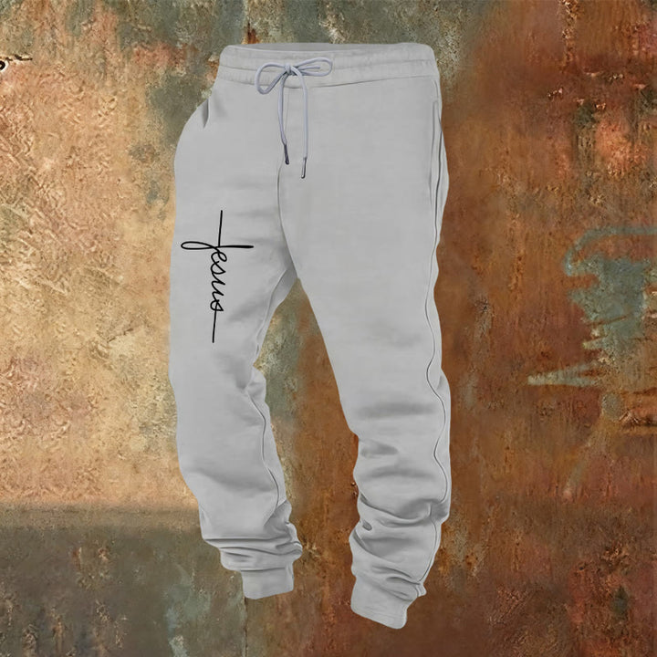 Christianartworkshop Minimalistische Jogginghose mit Jesus-Kreuz-Schriftzug: Jeder Schritt mit Jesus - Hellgrau - 2XL - image 13