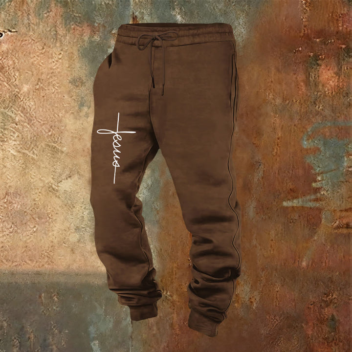 Christianartworkshop Minimalistische Jogginghose mit Jesus-Kreuz-Schriftzug: Jeder Schritt mit Jesus - Braun - 2XL - image 20