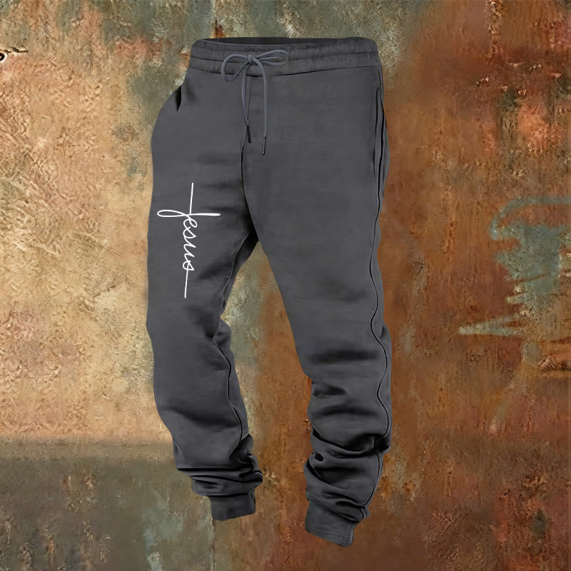 Christianartworkshop Minimalistische Jogginghose mit Jesus-Kreuz-Schriftzug: Jeder Schritt mit Jesus - Warmgrau - 2XL - image 17