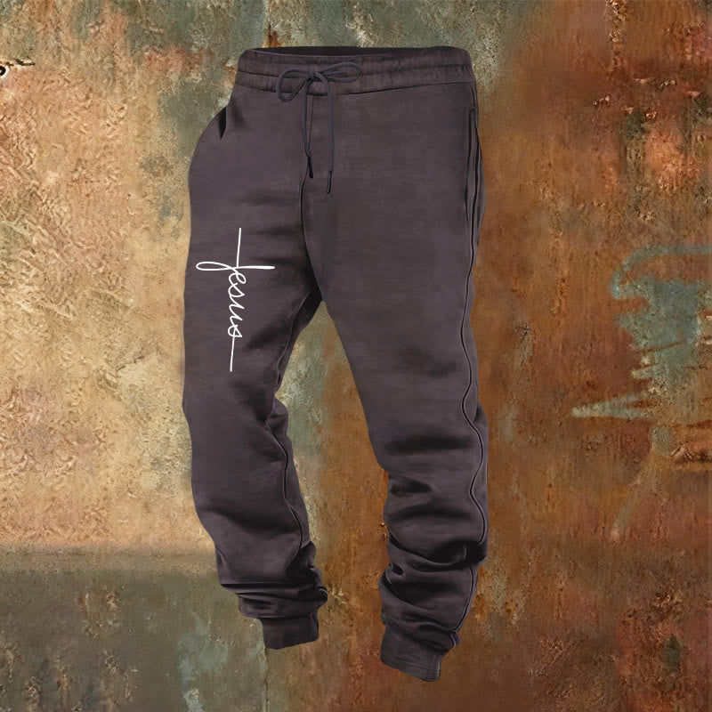Christianartworkshop Minimalistische Jogginghose mit Jesus-Kreuz-Schriftzug: Jeder Schritt mit Jesus - Dunkelgrau - 2XL - image 0
