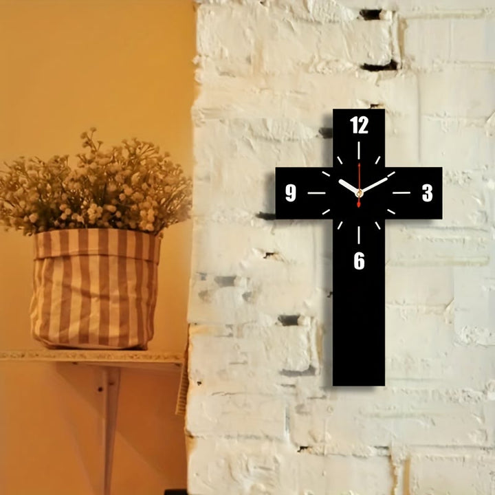 Minimalistische, geräuschlose Wanduhr mit Kreuz von Christianartworkshop in Rot, Weiß und Schwarz für ruhige Räume - image 2