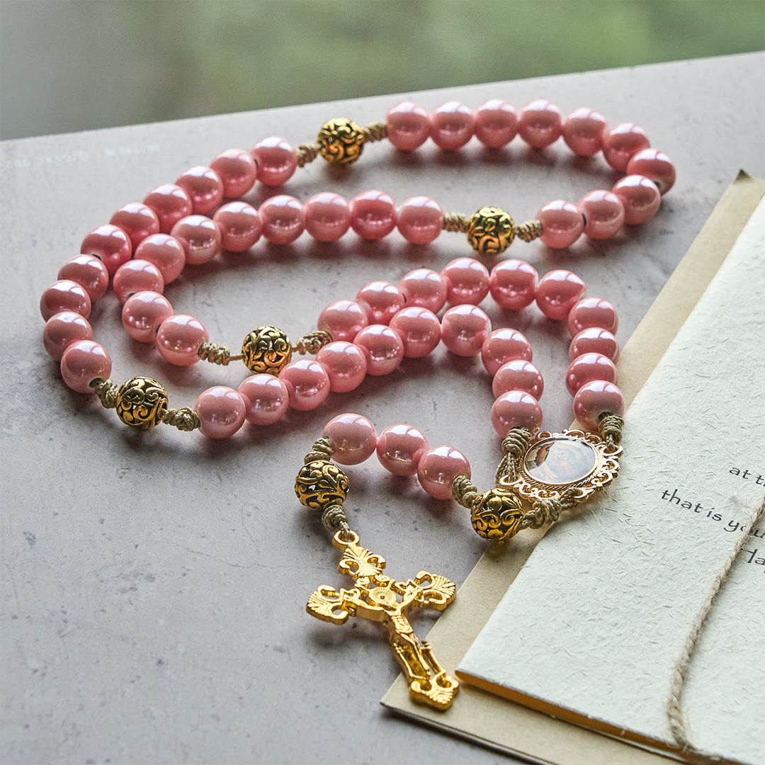 Christianartworkshop Rosenkranz aus hellrosa Keramik: Feiern Sie Weihnachten mit Anmut und Hoffnung - image 4