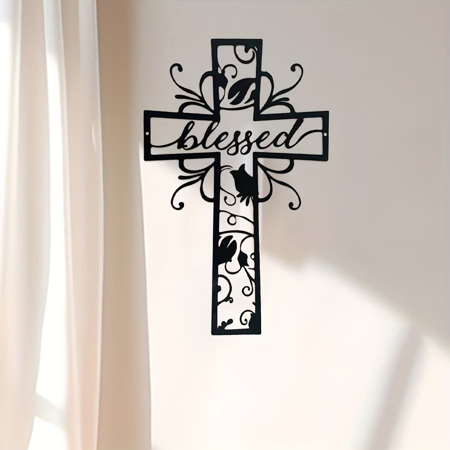 Christianartworkshop Gesegnetes Kreuz als Wanddekoration aus Metall: Blumenmotiv für ein gesegnetes Zuhause - image 5