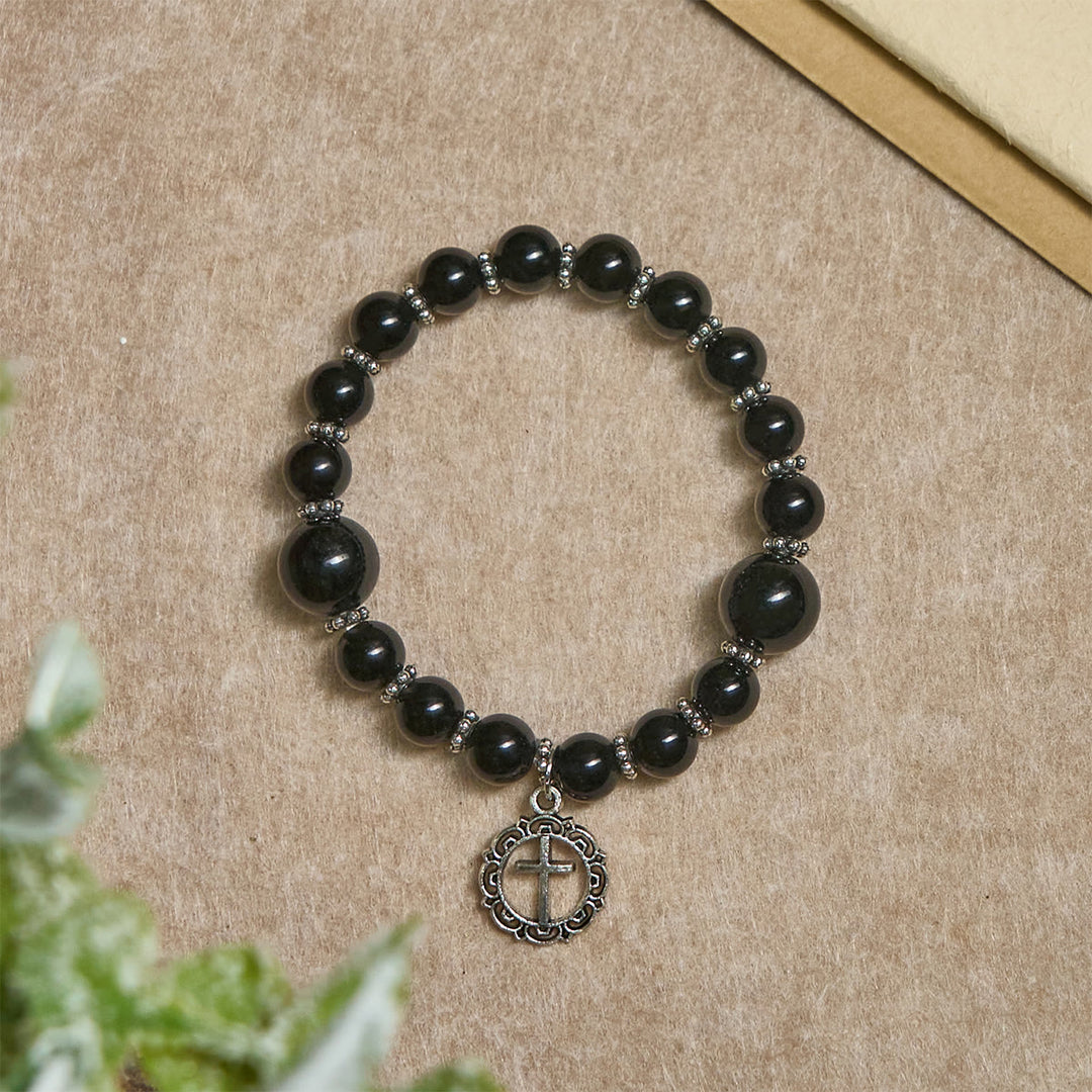 Christianartworkshop Spirituelles Rüstungsarmband aus schwarzem Obsidian mit Kreuzanhänger: Bete ohne Furcht - image 3