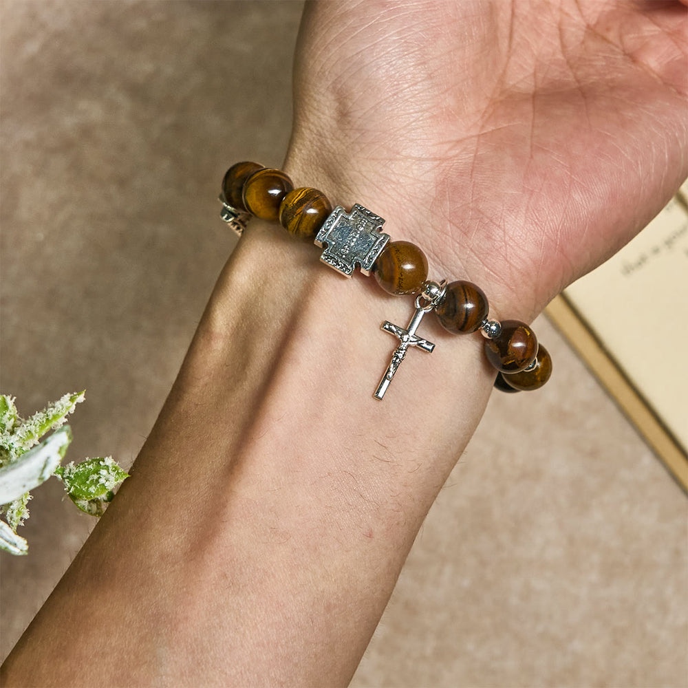Christianartworkshop Armband „Mut in Christus“ aus Tigerauge mit Kreuzanhänger: Bete ohne Furcht - image 1