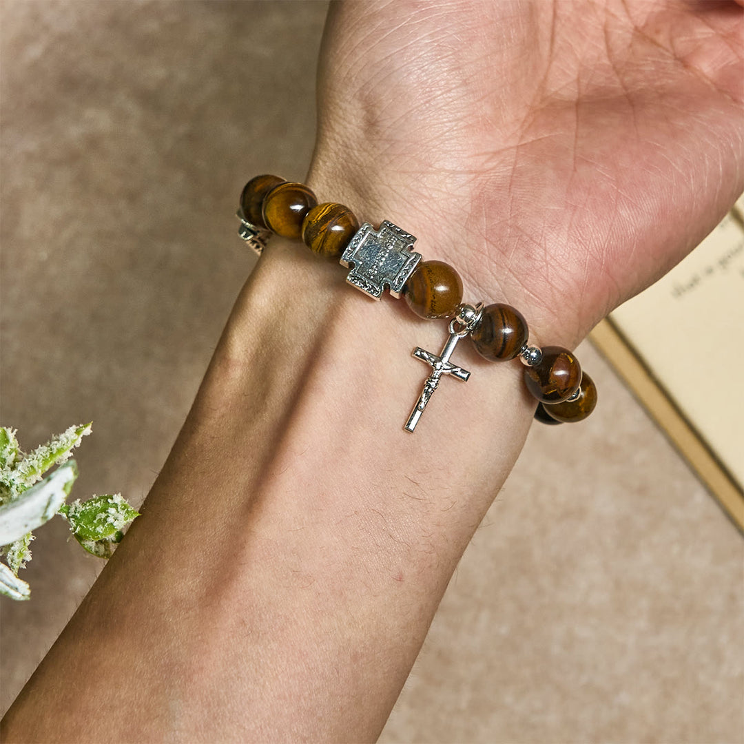 Christianartworkshop Armband „Mut in Christus“ aus Tigerauge mit Kreuzanhänger: Bete ohne Furcht - image 1